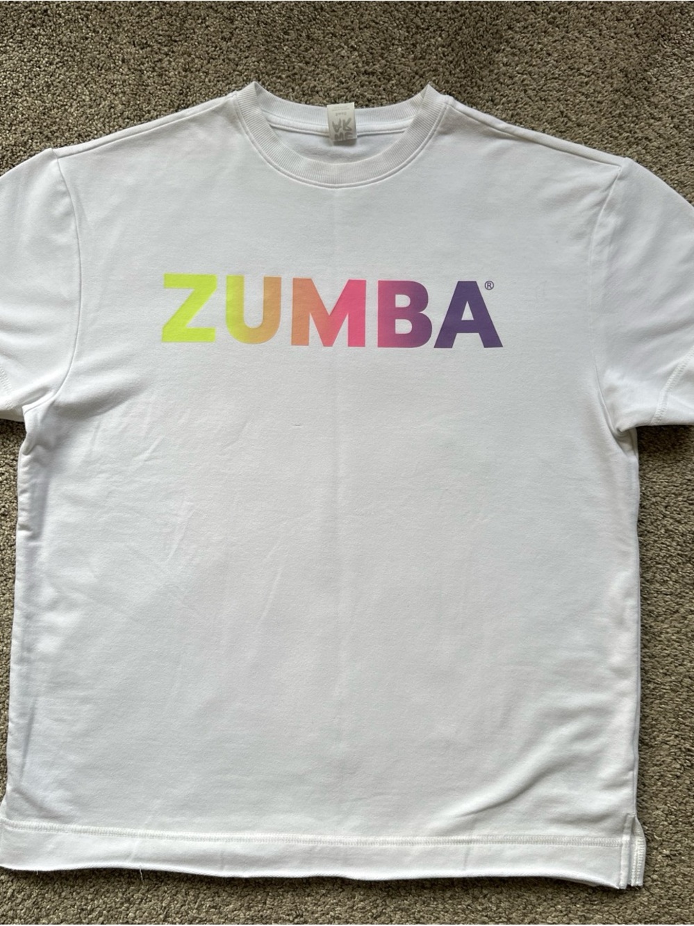 Zumba Fitness White Tee with Neon-to-Purple Gradient Logo